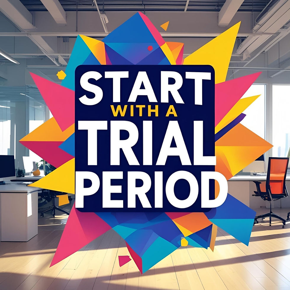 Bold text saying "Start With a Trial Period" over a colorful geometric explosion in a modern office setting with desks and chairs.