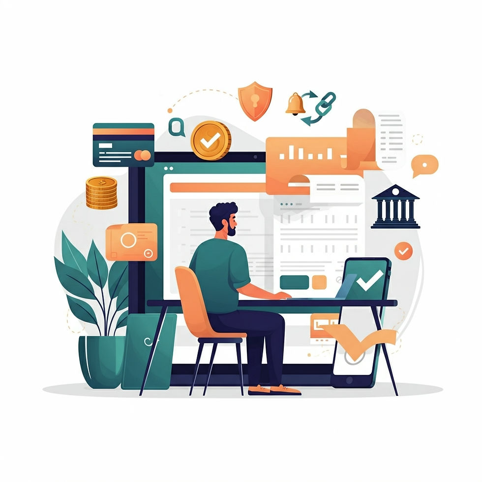 A person at a desk interacts with financial elements on screens. Icon graphics show coins, cards, and notifications. Green, orange tones.