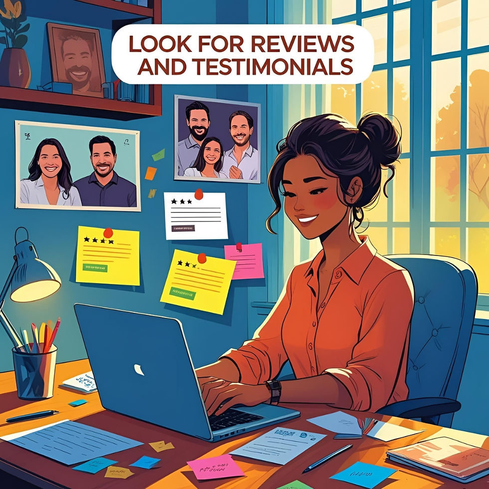 Woman smiling at laptop in office with sticky notes on wall. Bright colors, warm light. Text: Look for reviews and testimonials.