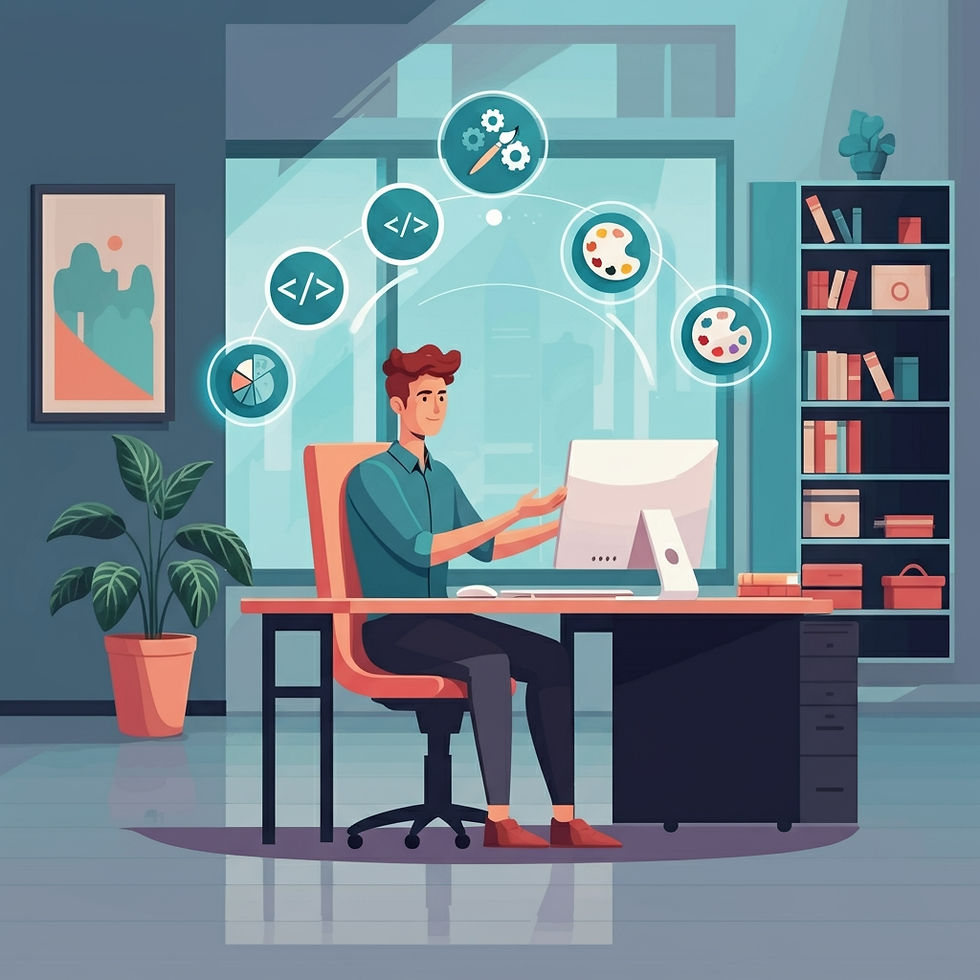 Man at desk using computer, surrounded by digital icons. Modern office with bookshelf, plant, and large window. Calm, focused mood.
