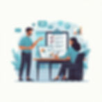 Man and woman in office setting discussing data on displays. Charts, checklist, and text like "QA" and "Review" visible. Professional atmosphere.