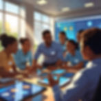 A group of people are happily collaborating over tablets in a bright office with large windows. A presentation screen is visible behind them.