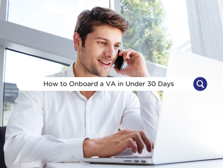 Man in white shirt smiling, on a phone call while using a laptop. Text overlay: "How to Onboard a VA in Under 30 Days." Bright office setting.
