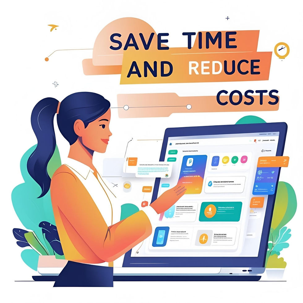 A woman interacts with a large tablet displaying a colorful app interface. Text above reads "Save Time and Reduce Costs." Modern and efficient mood.