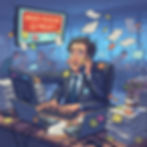 Stressed man at cluttered desk, surrounded by papers and sticky notes, on phone. Screen shows "Missed Deadline: Q3 Project." Busy office.