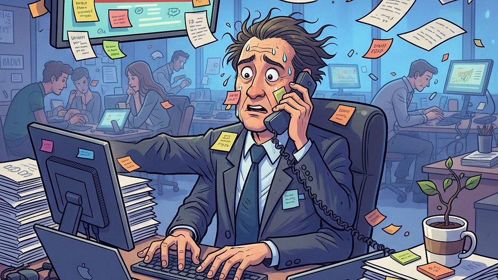 Stressed man at cluttered desk, surrounded by papers and sticky notes, on phone. Screen shows "Missed Deadline: Q3 Project." Busy office.