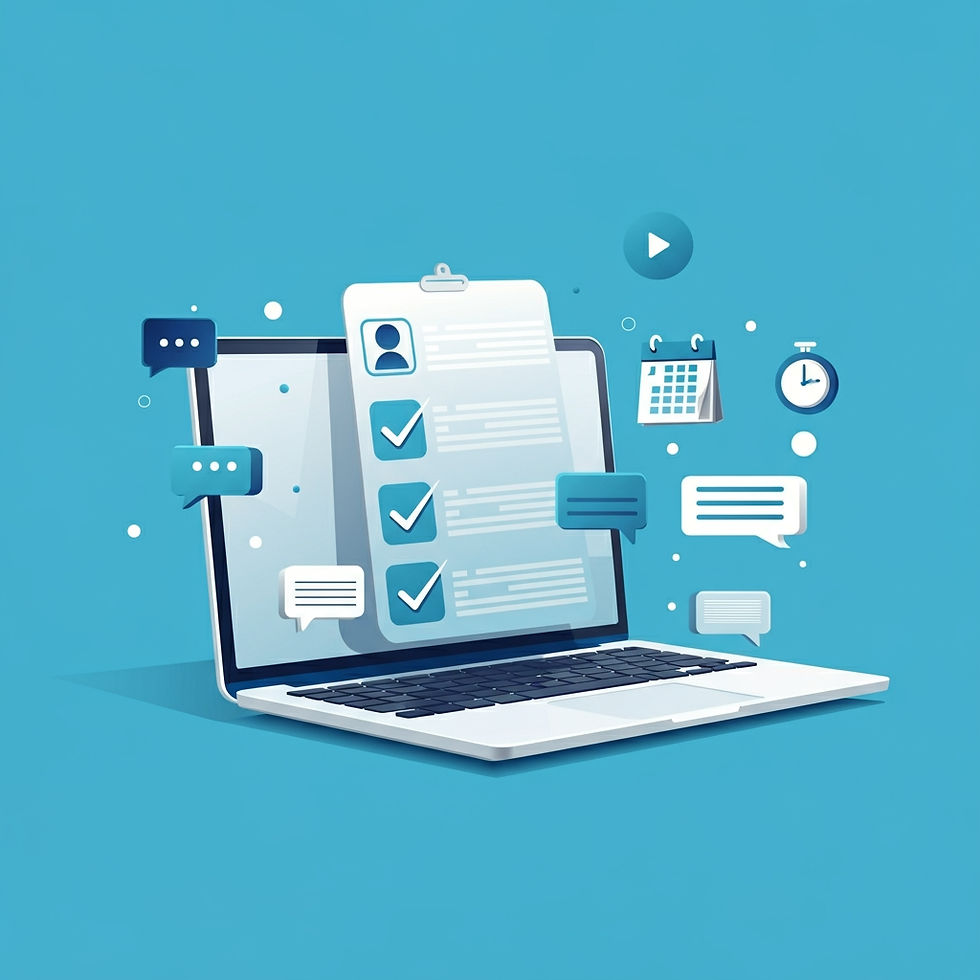 Laptop with floating checklist, chat bubbles, calendar, and clock on a blue background, symbolizing digital productivity and communication.