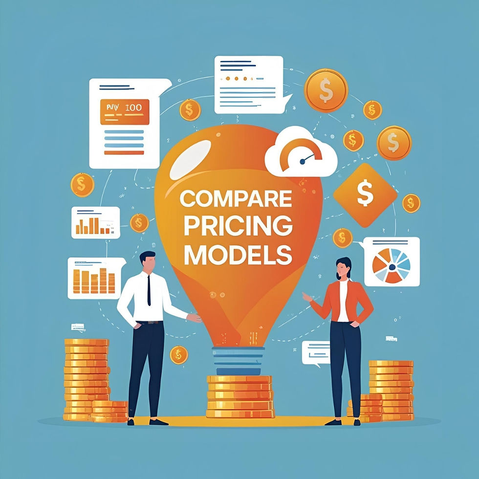 Two people stand beside a large lightbulb reading "Compare Pricing Models," surrounded by coins and charts on a blue background.