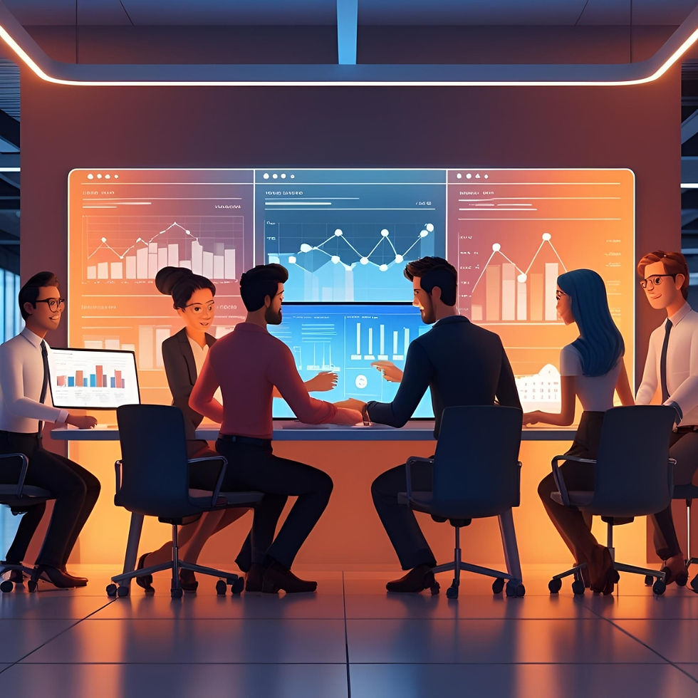 Six people in an office meeting room analyze charts on large screens. Warm lighting and blue-orange graphs create a focused, collaborative mood.