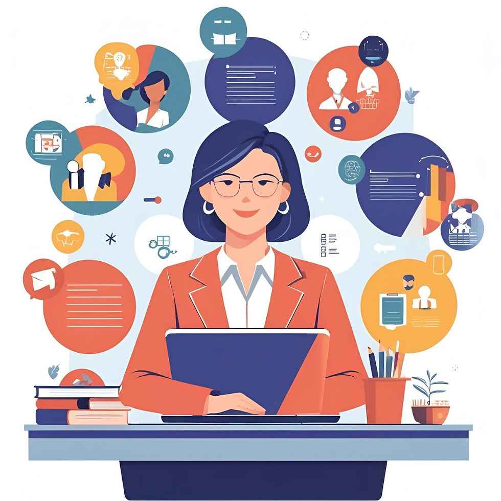 Woman with glasses at a desk using a laptop, surrounded by colorful icons of people, charts, and text, indicating a professional setting.