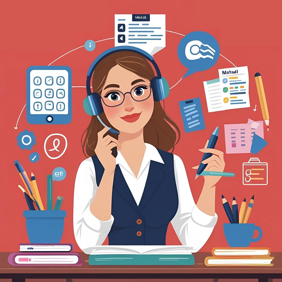 Woman with headset and glasses, holding a pen, surrounded by documents, icons, and stationery. Red background, calm mood.