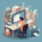 Man at cluttered desk reviews 'SOP' on computer, surrounded by papers and sticky notes. Printer and blue walls add to the chaotic scene.