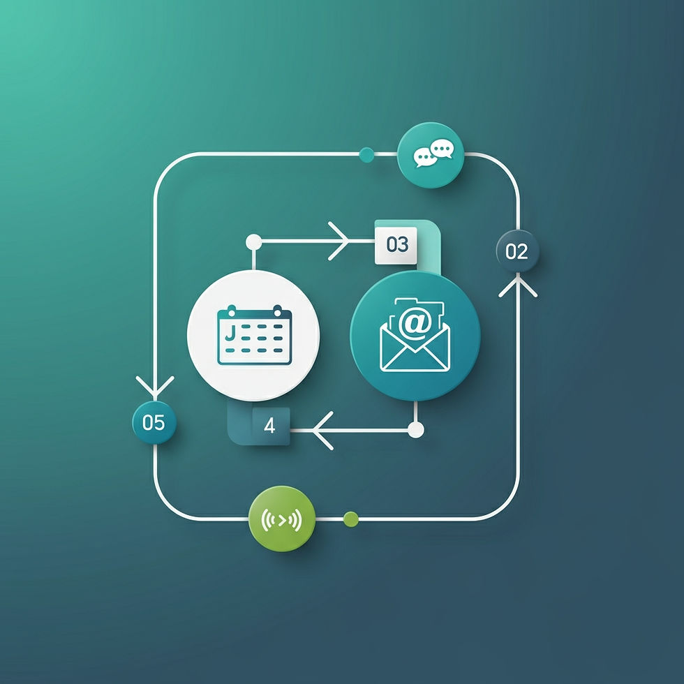 Flowchart with calendar, email, chat icons, and numbered steps 02, 03, 04, 05. Arrows connect icons on a teal gradient background.