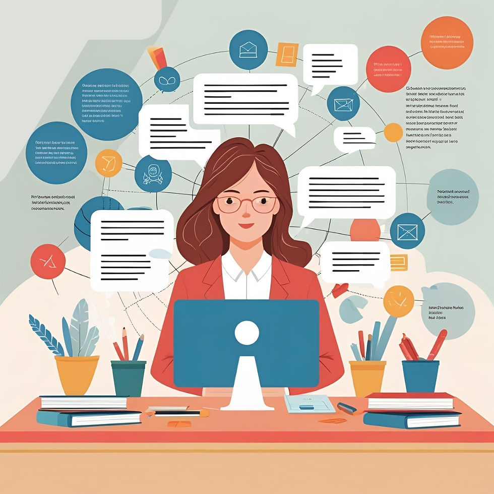 Woman in a red jacket at a desk using a computer, surrounded by speech bubbles and icons. Books and plants on desk, bright colors.