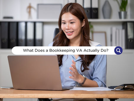 Woman at desk with laptop, smiling, gesturing. Office setting with shelves in background. Text: "What Does a Bookkeeping VA Actually Do?"