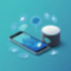 Smartphone and smart speaker on blue background with icons showing connectivity features; wireless signals indicate interaction.