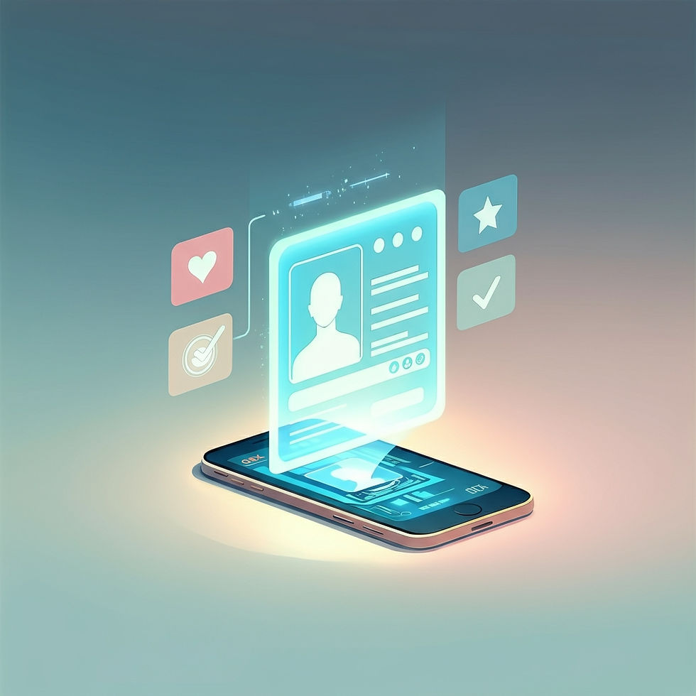 Holographic profile and icons emerge from a smartphone on a gradient background, featuring heart, star, and check symbols. Futuristic vibe.