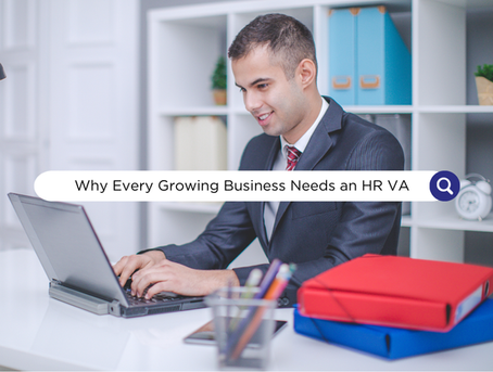 Man in suit typing on laptop in office with shelves and binders. Text overlay: "Why Every Growing Business Needs an HR VA."
