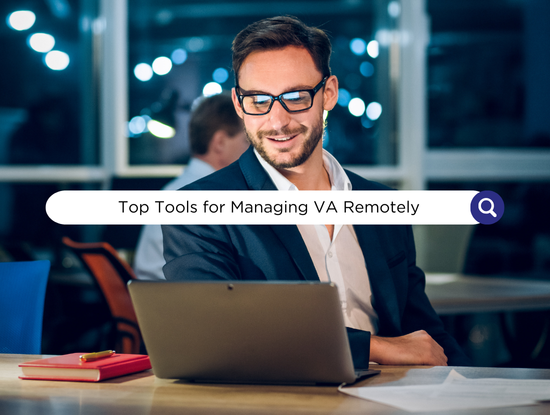 Man in a suit using a laptop, smiling in an office. Text says "Top Tools for Managing VA Remotely." Background has blurred lights.