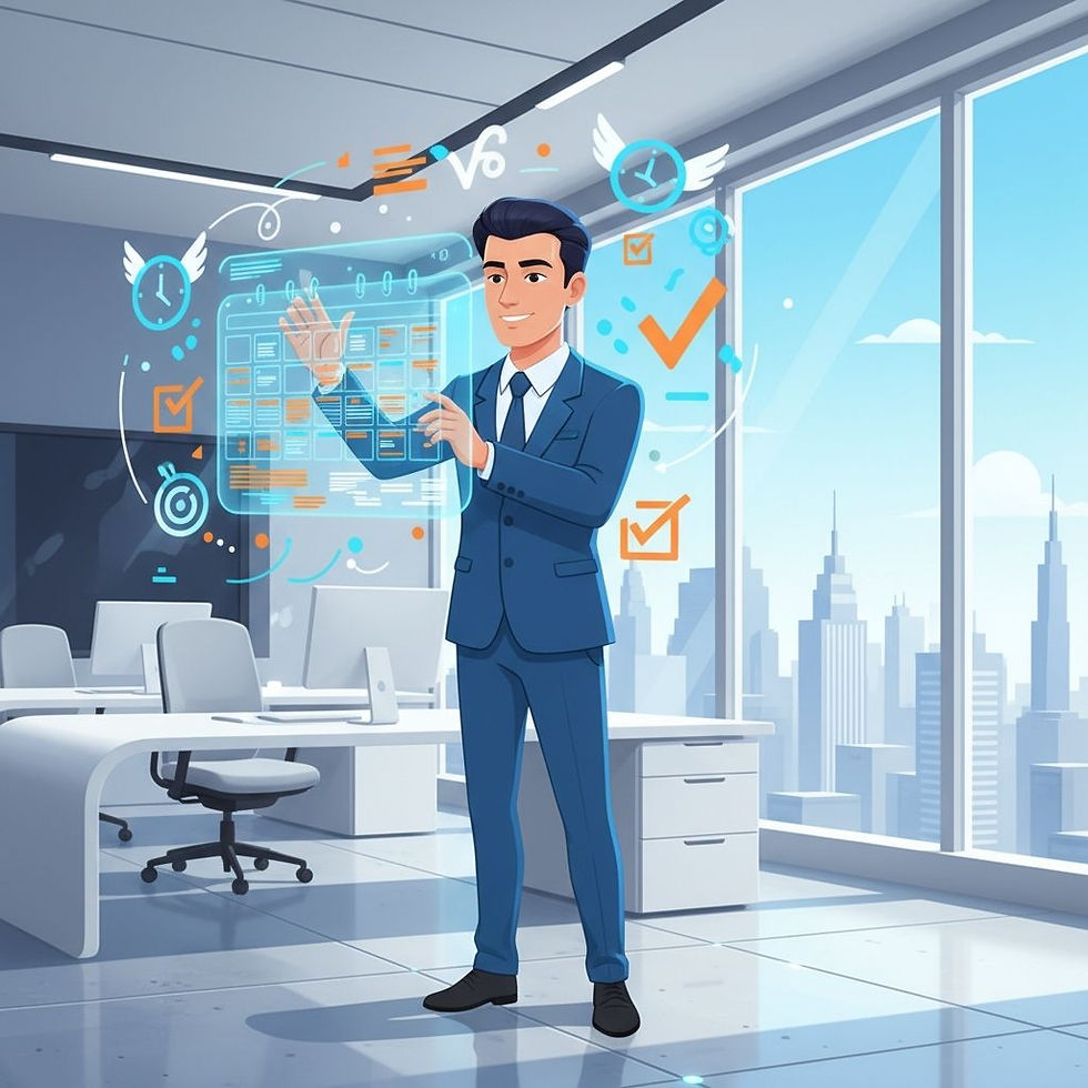 Businessman in a suit interacts with a virtual screen in a modern office with a city view. Blue and orange icons surround him, creating a futuristic feel.