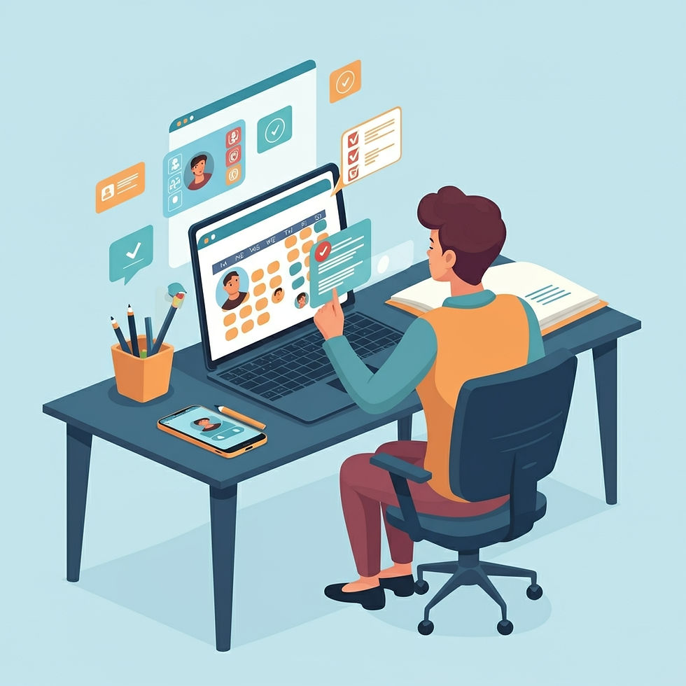 A person at a desk interacts with a laptop showing profile images. Floating icons suggest digital communication. The mood is focused and tech-driven.