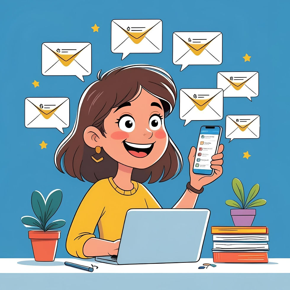 Cartoon woman in yellow using laptop, holding smartphone with emails. Envelopes and stars in blue background, books and plants nearby.