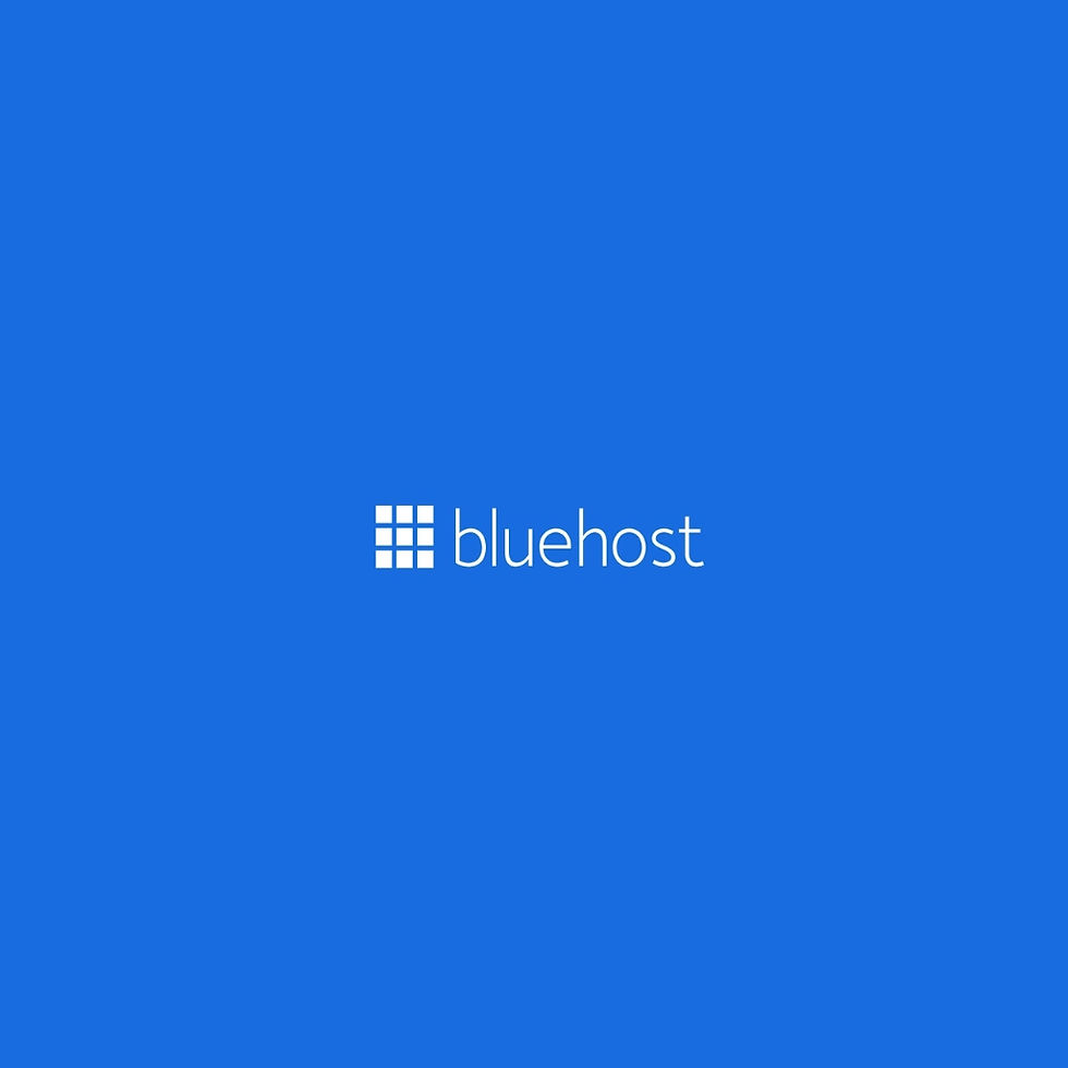 Blue background with the word "bluehost" and a square grid logo in white centered. Minimalistic design.