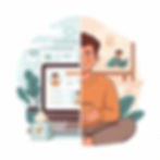 Split image: left shows a digital profile with plants, laptop, and documents; right shows a person relaxing with coffee and a child reading.