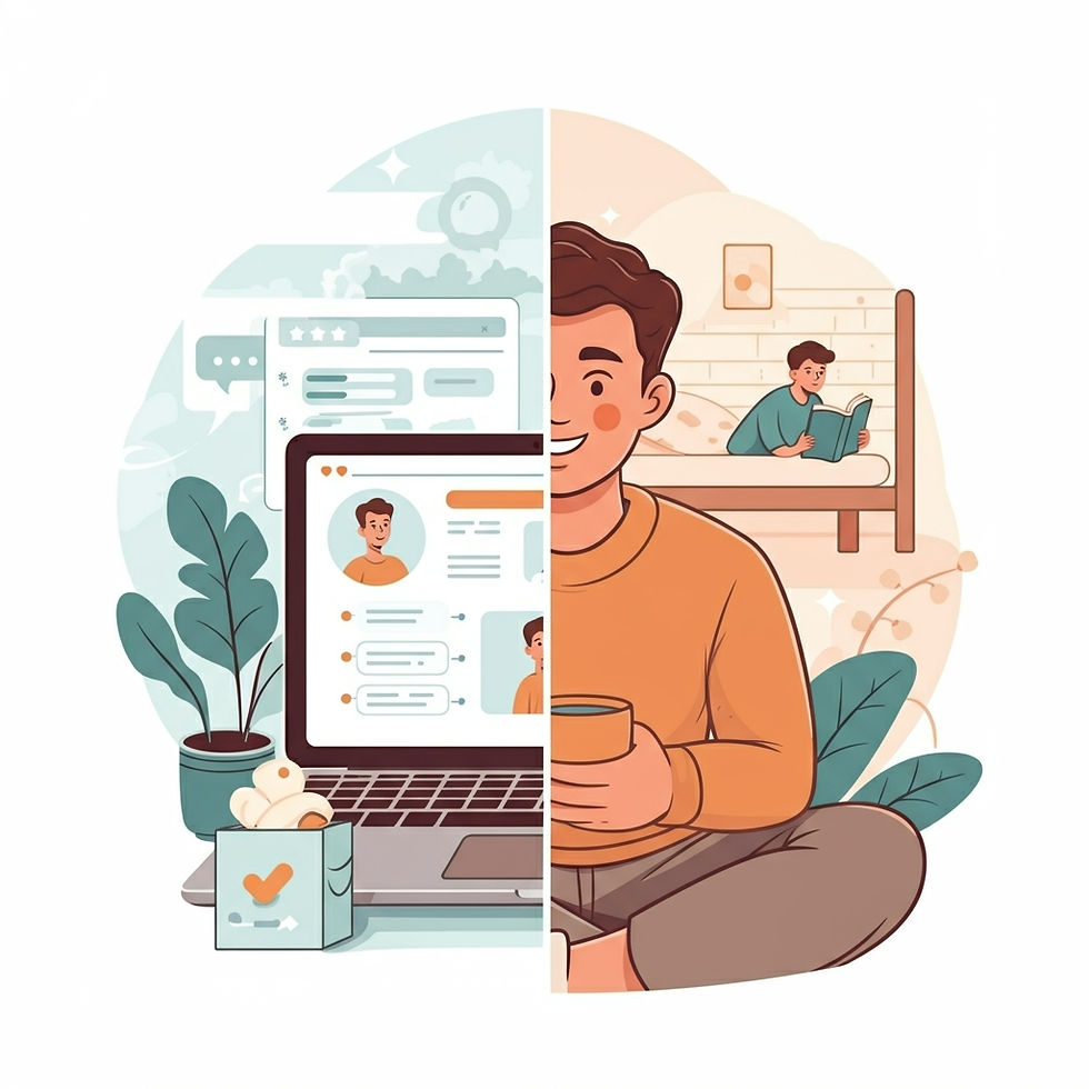 Split image: left shows a digital profile with plants, laptop, and documents; right shows a person relaxing with coffee and a child reading.