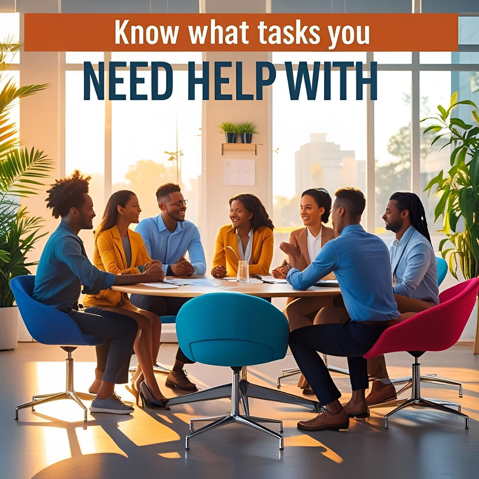 Six colleagues in a brightly lit office sit around a table, conversing and smiling. Text above reads, "Know what tasks you need help with."