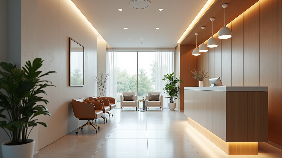 Eye-level view of a dental clinic reception area with modern decor