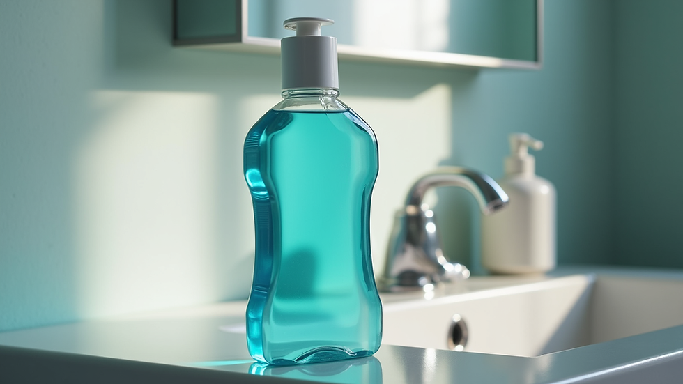 Close-up view of a mouthwash bottle on a bathroom counter