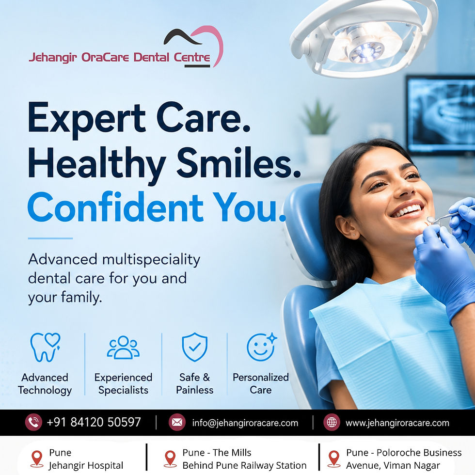Dental clinic ad with smiling woman in chair, dentist treating her; text: Expert Care, Healthy Smiles, Confident You.
