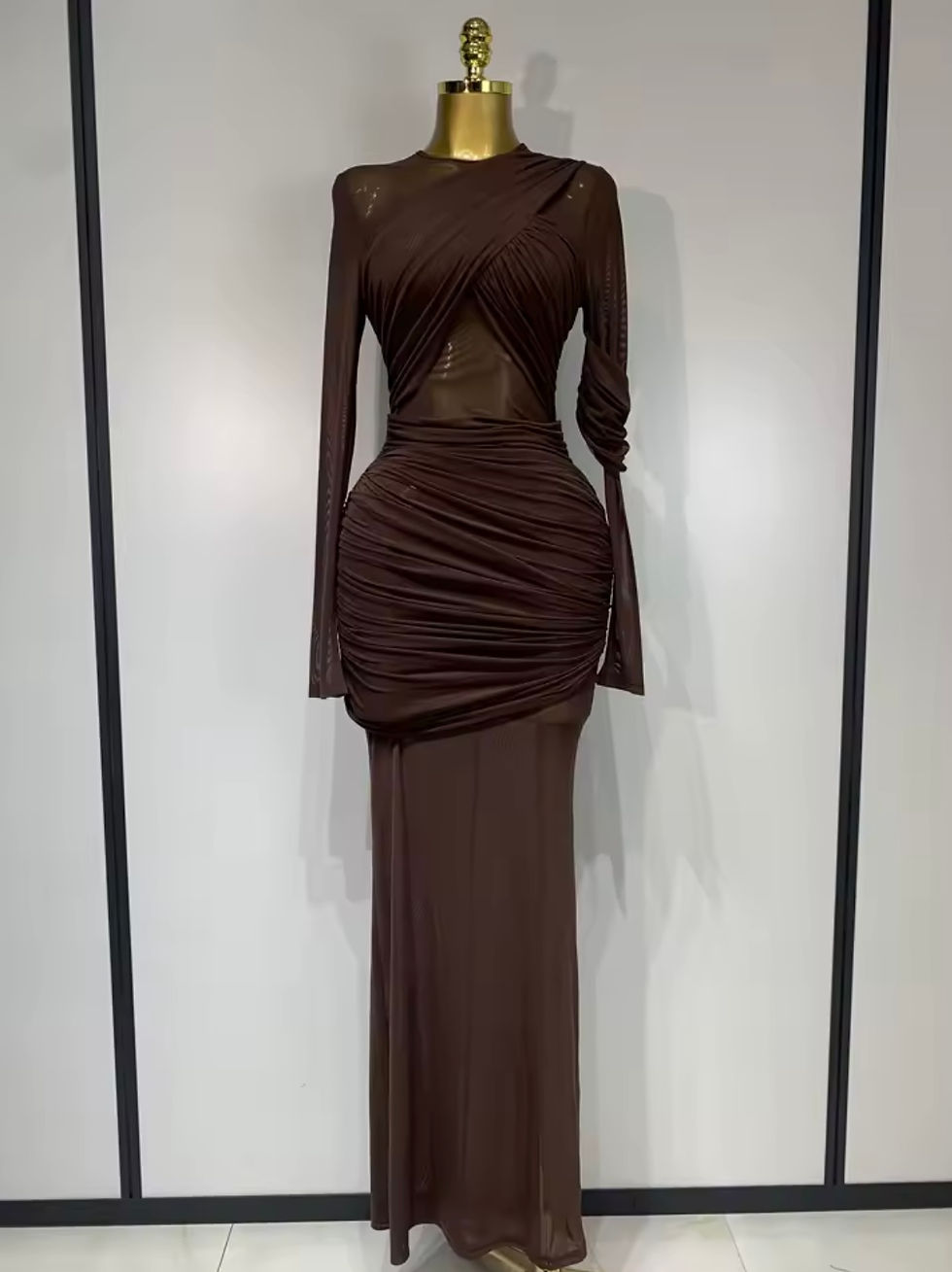 Front view of Midnight Mocca bodycon dress in deep mocha brown with sculpted silhouette