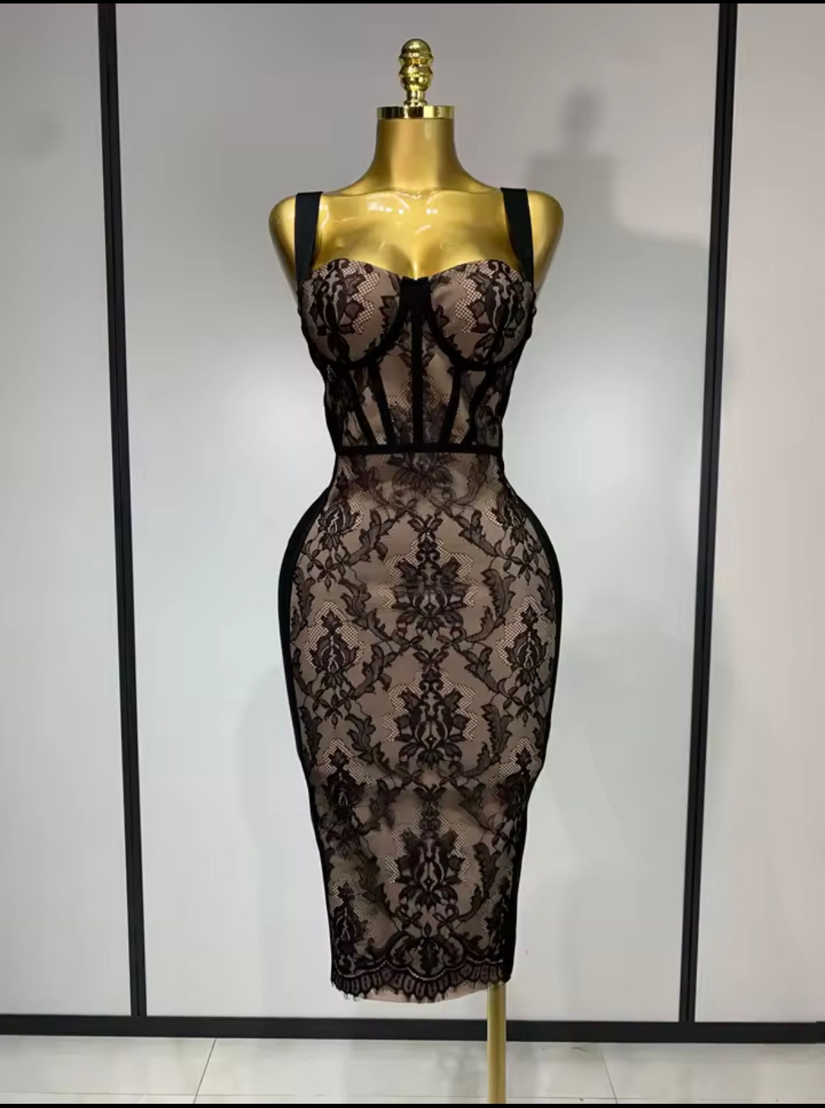 Noir Devotion Corset Lace Midi Dress - Elegant Black Lace Design  