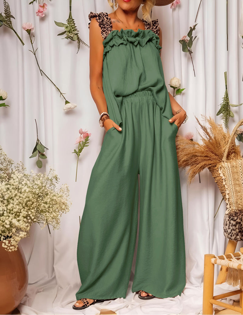 Khaki Leopard strappy top and pants set front view