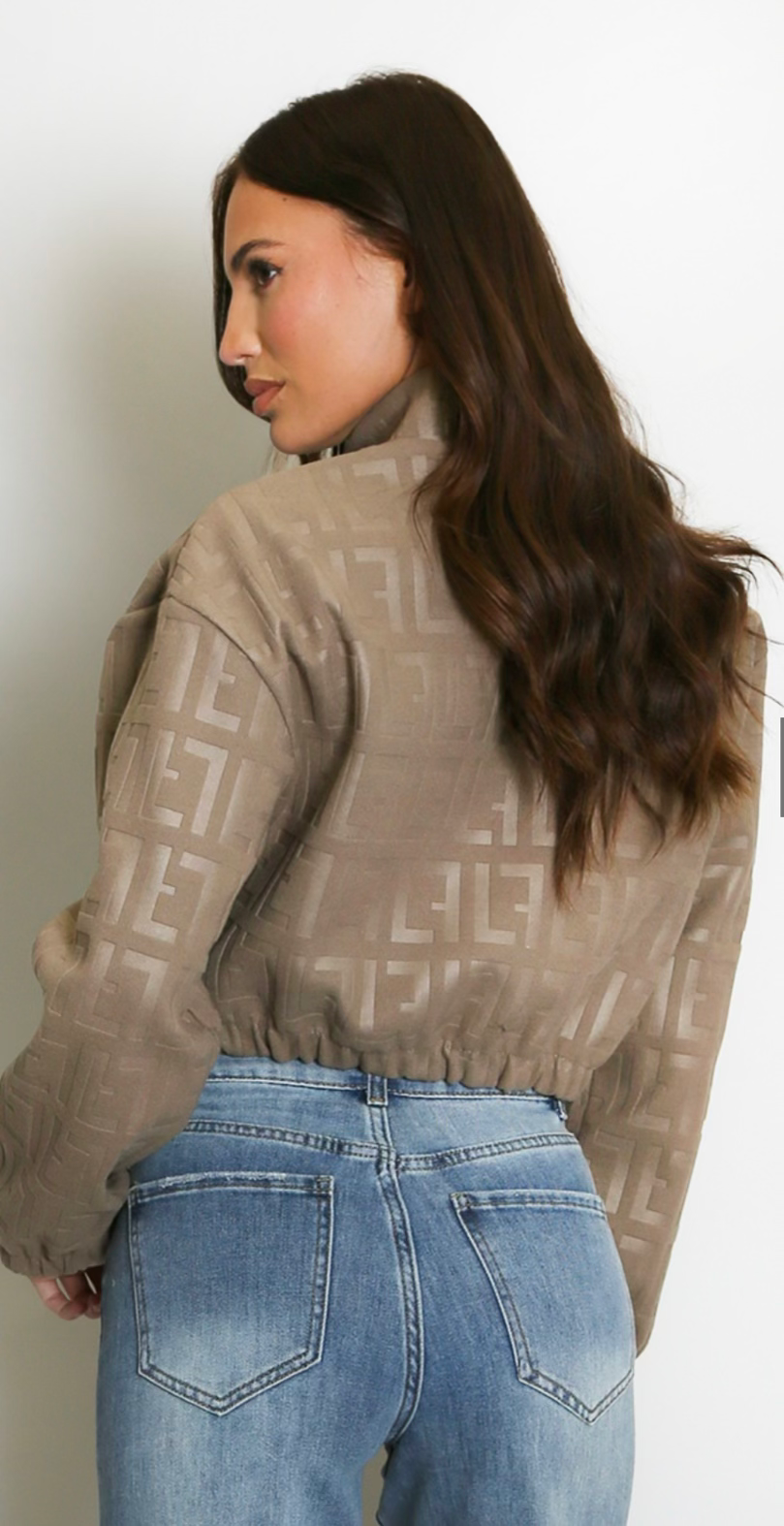 Thumbnail: Mocha Elevé embossed one size cropped faux suede jacket 