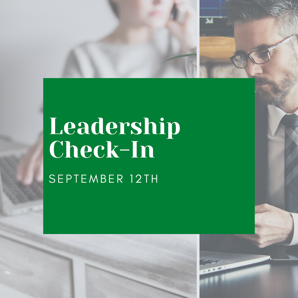 Two professionals working on laptops. Text: "Leadership Check-In, September 12th" in green box. Office setting, focused mood.
