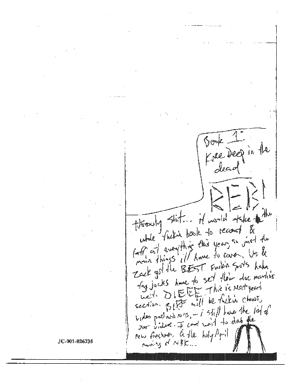 Dylan Klebold writing in Eric Harris yearbook, Columbine--knee deep in the dead