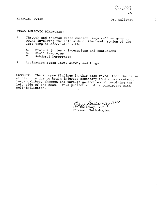 Dylan Klebold autopsy p. 1 final anatomic diagnoses