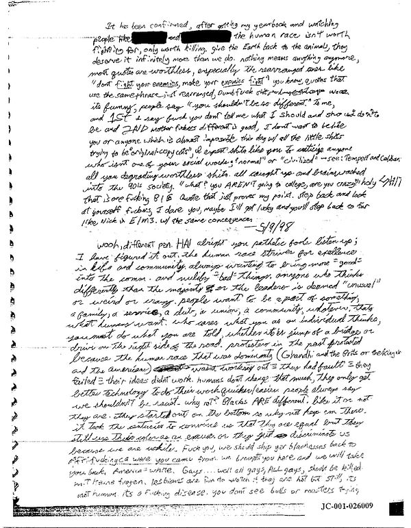 Eric Harris journal, Book of God, Columbine racist