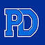 Letters _PD_ in blue simple italicized