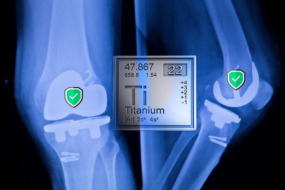 An x-ray image of knee replacement hardward with verification checkmarks indicating that the hardware is verified as true titanium.