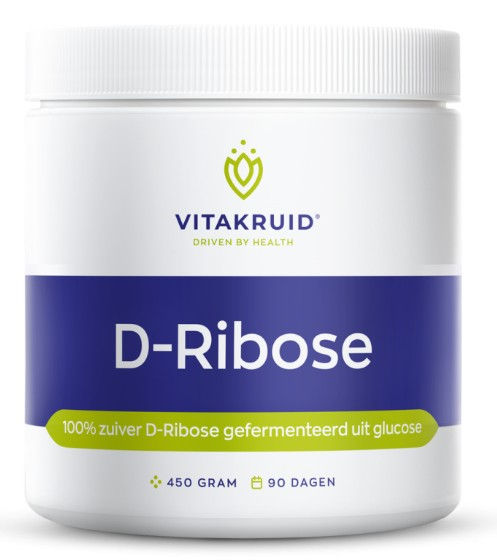 Witte pot Vitakruid D-Ribose met een donkerblauw etiket en groen logo op een witte achtergrond.