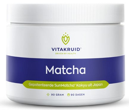 Witte pot Vitakruid Matcha met een paars en groen label tegen een witte achtergrond.