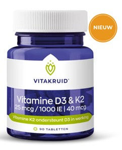 Blauwe fles Vitakruid Vitamine D3 & K2 op wit met een gouden 'best verkocht' zegel rechtsboven.