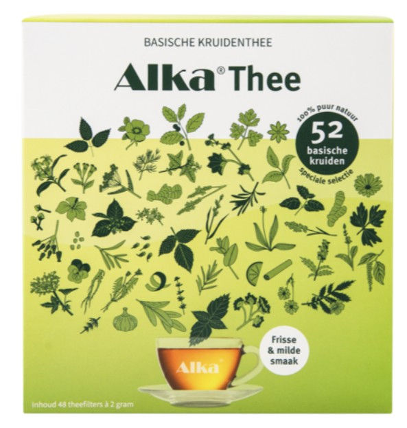 Alka Thee verpakking met een illustratie van een kruidenboom die uit een kop thee groeit.