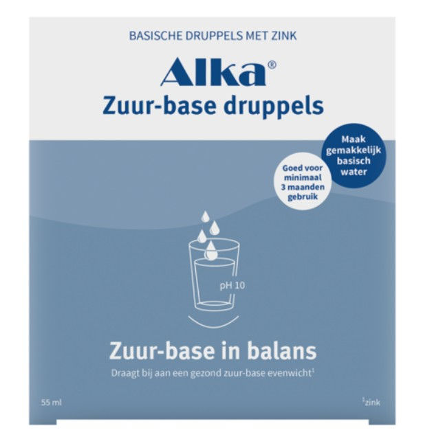 Alka Zuurbase Programma verpakking in blauw en wit met ronde kwaliteitszegels op de voorkant.