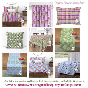 Colourful Tropical Flowers Collection Prints on home decor products print by Jenny Pearce. Showing bedroom duvet, pillows, curtains drapes, tablecloth, table runner and blanket for purchase for home makeovers.