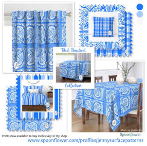 Mood board flatlay Tiled Nautical Collection prints for fabric wallpaper shown on pillows, bed linen, curtains, tablecloth and blanket available from Spoonflower. Featuring anchors, crabs, octopus, sailing boat like a tile in blue and white on fabric. Print designed by Jenny Pearce With plaid check and striped co-ordinates.